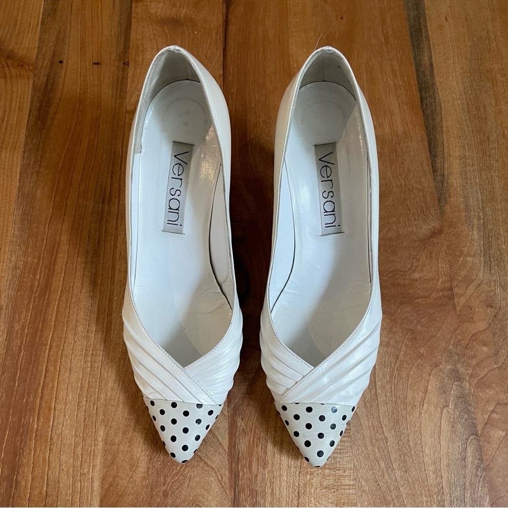 Vintage Versani Pumps Polka Dot Leather Black White Made in Italy 3" Heels 8 - Picture 2 of 8